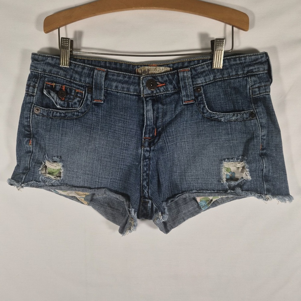 Y2K LEI Size 9 Low Rise Floral Patch Distressed Denim Cutoff Shorts